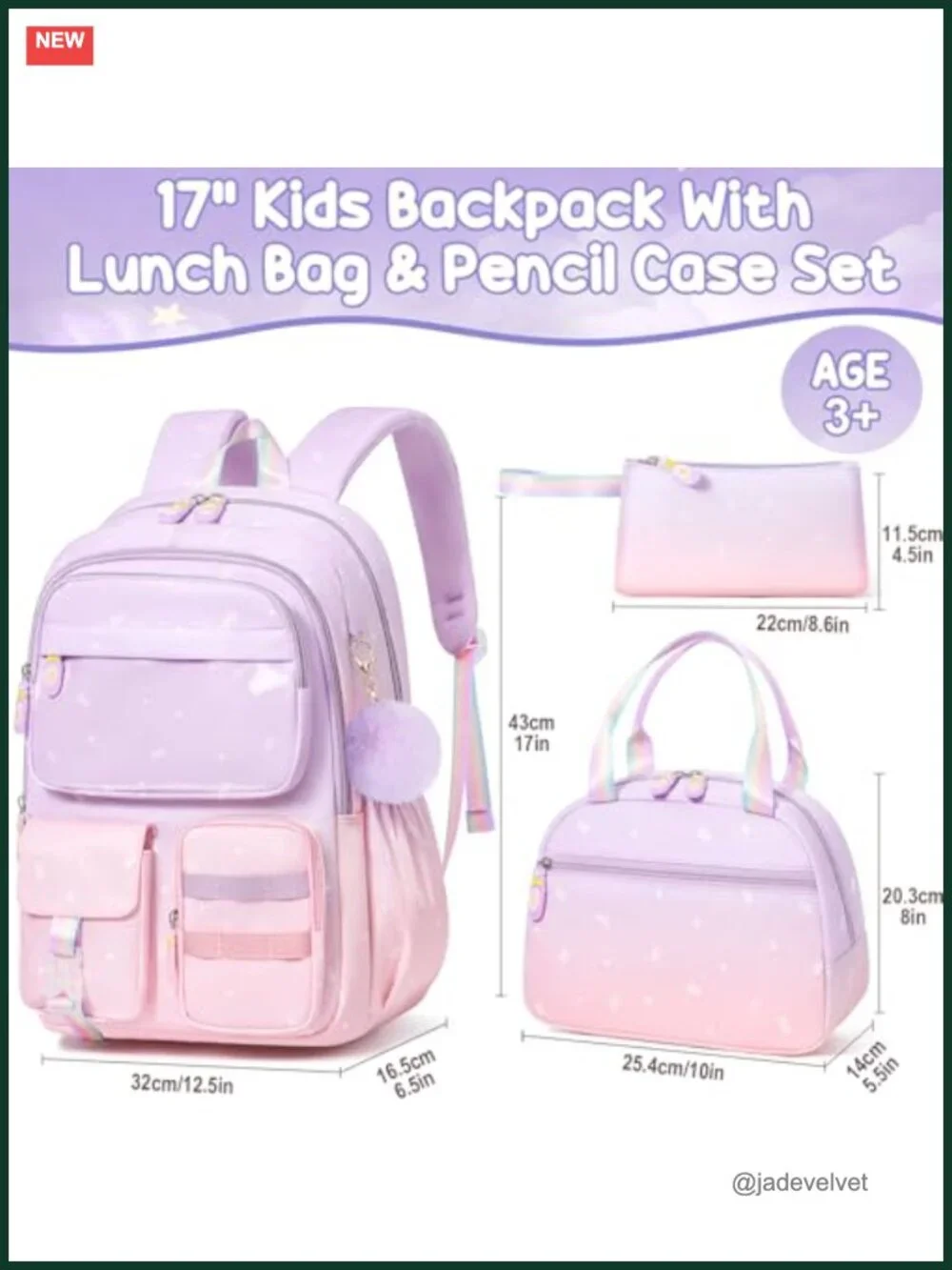 3-Piece Waterproof Kids Backpack Set with Lunch Bag & Pencil Case for School